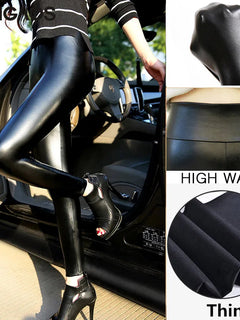 BIVIGAOS Pantalones de mujer de moda de cuero PU elástico de cintura alta leggings de invierno delgados de terciopelo leggings de cuero pantalones pitillo de forro polar
