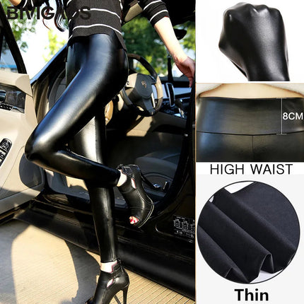 BIVIGAOS Fashion Women PU Leather Pants Elastic High Waist Winter Leggings Slim Velvet Leather Leggings Skinny Fleece Trousers PlatiNum