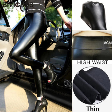 BIVIGAOS Fashion Women PU Leather Pants Elastic High Waist Winter Leggings Slim Velvet Leather Leggings Skinny Fleece Trousers PlatiNum
