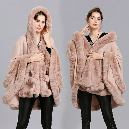 7 Colors Winter Shawl Warm Thick Cappa Coat Two Circle Faux Fox Fur Loose Poncho Cloak With Hat Women Big Pendulum Cardigan Cape
