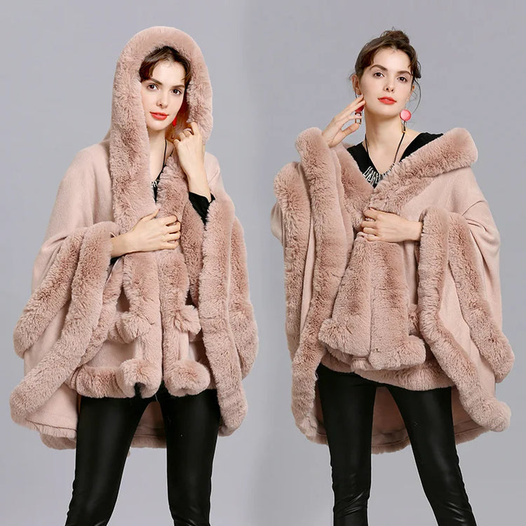 7 Colors Winter Shawl Warm Thick Cappa Coat Two Circle Faux Fox Fur Loose Poncho Cloak With Hat Women Big Pendulum Cardigan Cape