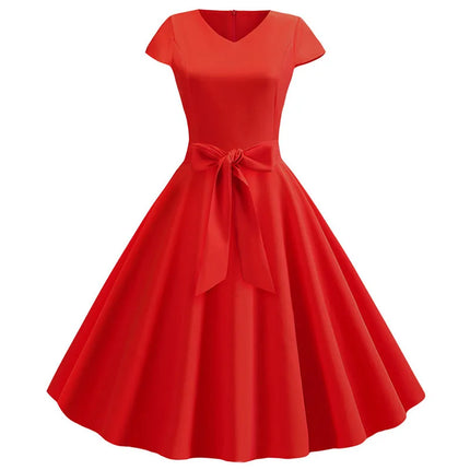 Robe d'été vintage pour femme avec ceinture, manches courtes, col en V, élégante robe de soirée rétro évasée