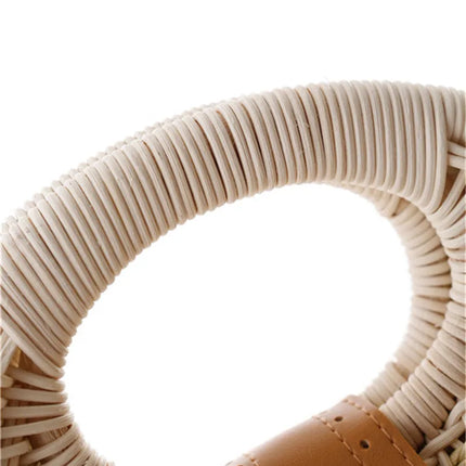 Women's Handmade Round Woven Natural Rattan Handbag Shoulder Bag Summer Beach Bag with Casual Bohemia Women's Clutch