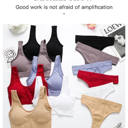 CINOON Women Seamless Ribbed Bra Set Wireless Deep V Bralette Top Panties Two Piece Lingerie Set Sport Fitness Underwear