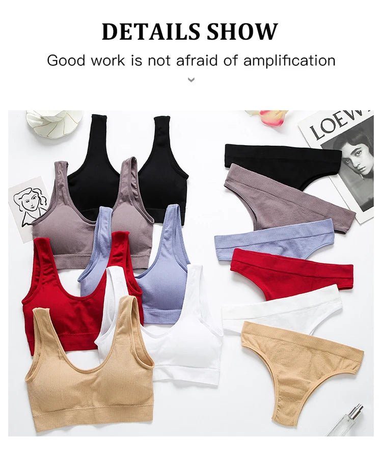 CINOON Women Seamless Ribbed Bra Set Wireless Deep V Bralette Top Panties Two Piece Lingerie Set Sport Fitness Underwear