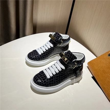 2026 Mid-Top Sneakers Men Alligator Pattern Round Toe Lock Decoration Lace Flats Glossy Cow Leather Casual Shoes