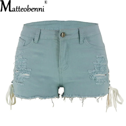 New Black Ripped Fringed Lace-Up Denim Summer Shorts, Casual with Pockets, for Women - Hot Sale
