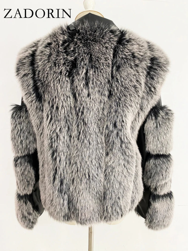 ZADORIN Top Fashion Luxury FAUX Fox Fur Coat Motorcycle PU Leather Turn Down Collar Warm Faux Fur Jacket Women Autumn Winter New