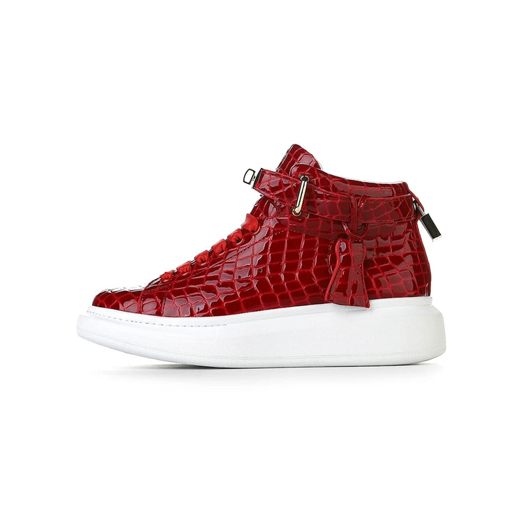2026 Mid-Top Sneakers Men Alligator Pattern Round Toe Lock Decoration Lace Flats Glossy Cow Leather Casual Shoes