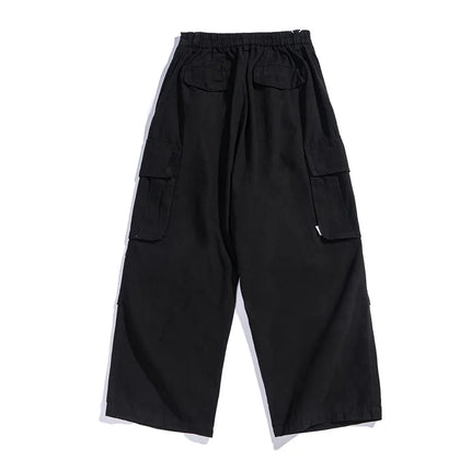 Multi-Pocket Cargo Pants Mens Safari Style Solid Color Pleated Loose Straight-leg Pants Elastic Waist Casual Trousers Men