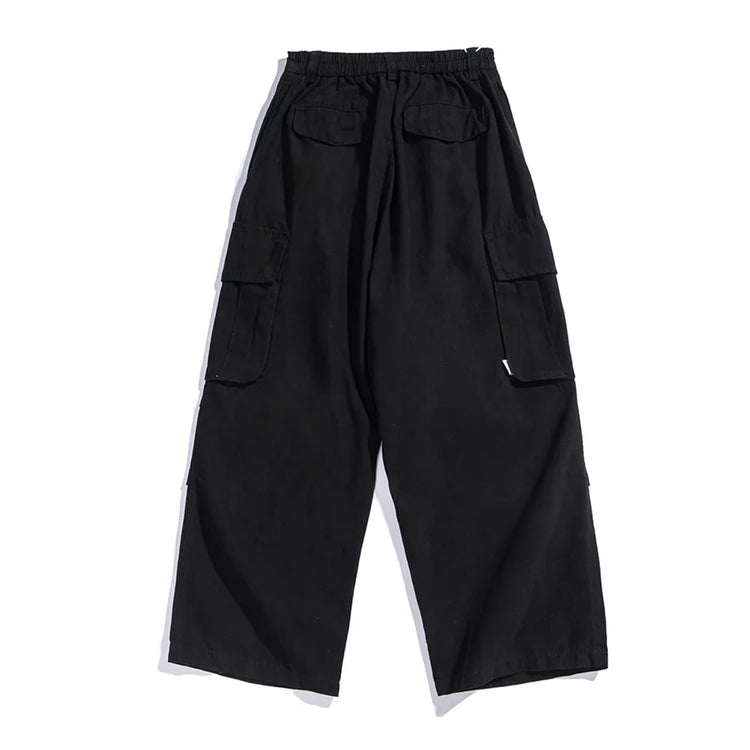 Multi-Pocket Cargo Pants Mens Safari Style Solid Color Pleated Loose Straight-leg Pants Elastic Waist Casual Trousers Men