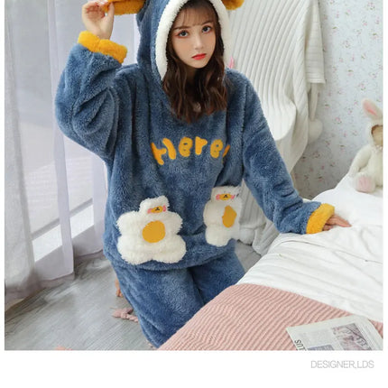Jielur Warm Women Pajama Sets Winter Lady Long Sleeve Shirt+Pants Home suit Hooded Cartoon Print Thick Pijama Feminino