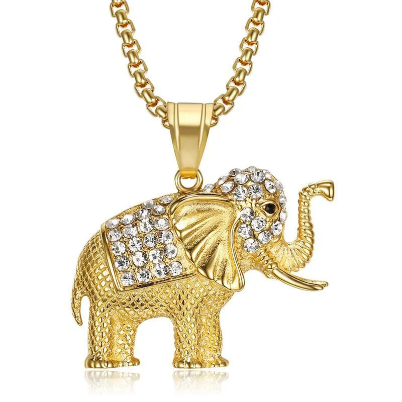 Collana con ciondolo elefante animale in acciaio inossidabile CZ e catena Hip Hop color oro ghiacciato bling moda donna regalo gioielli fortunati