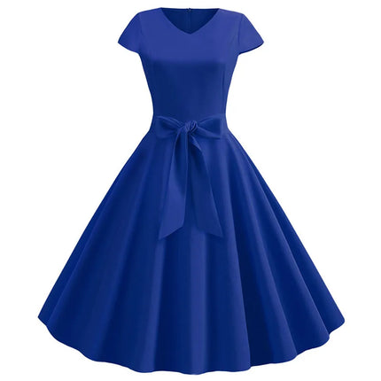 Robe d'été vintage pour femme avec ceinture, manches courtes, col en V, élégante robe de soirée rétro évasée