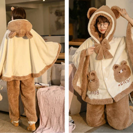 Japan Cute Lolita Pajamas Sets Girls Sweet Bear Ear Hooded Coral Fleece Cloak Sleepwear Women Winter Kawaii Home Clothes Pyjamas