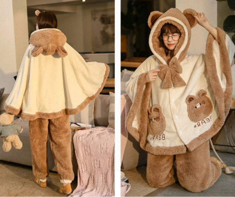 Japan Cute Lolita Pajamas Sets Girls Sweet Bear Ear Hooded Coral Fleece Cloak Sleepwear Women Winter Kawaii Home Clothes Pyjamas