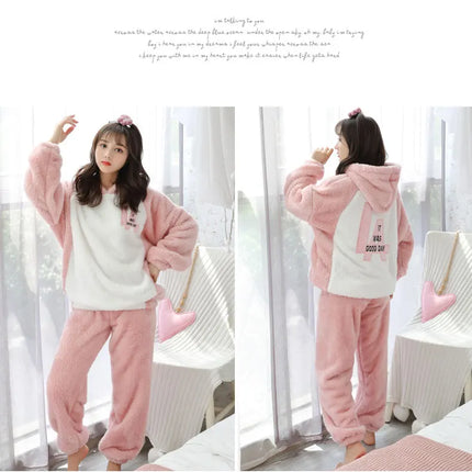 Jielur Warm Women Pajama Sets Winter Lady Long Sleeve Shirt+Pants Home suit Hooded Cartoon Print Thick Pijama Feminino