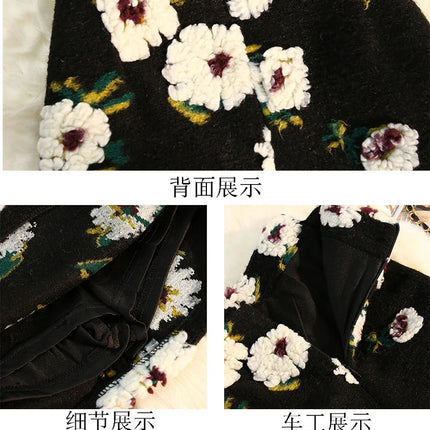 Three Dimensional Flower Skirts Women Winter High Waist Woolen Thickened Long Skirt Female Autumn New PlatiNum