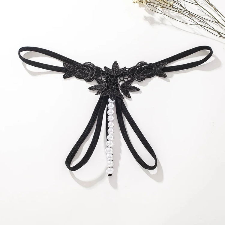 Women Lace Panties Thongs Pearl Pendant Embroidery G-String T-Back Briefs Underwear Hollow Ladies Panties Sexy Lingerie Knickers