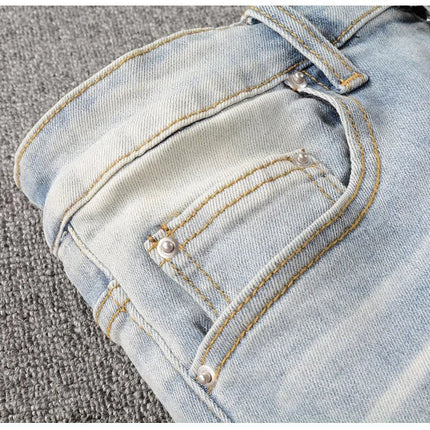 Men Crystal Holes Ripped Patchwork Jeans Streetwear Light Blue Denim Slim Skinny Pencil Pants Trousers PlatiNum