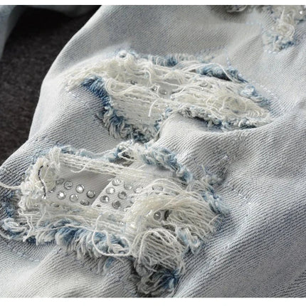 Men Crystal Holes Ripped Patchwork Jeans Streetwear Light Blue Denim Slim Skinny Pencil Pants Trousers PlatiNum