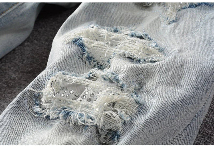 Men Crystal Holes Ripped Patchwork Jeans Streetwear Light Blue Denim Slim Skinny Pencil Pants Trousers PlatiNum