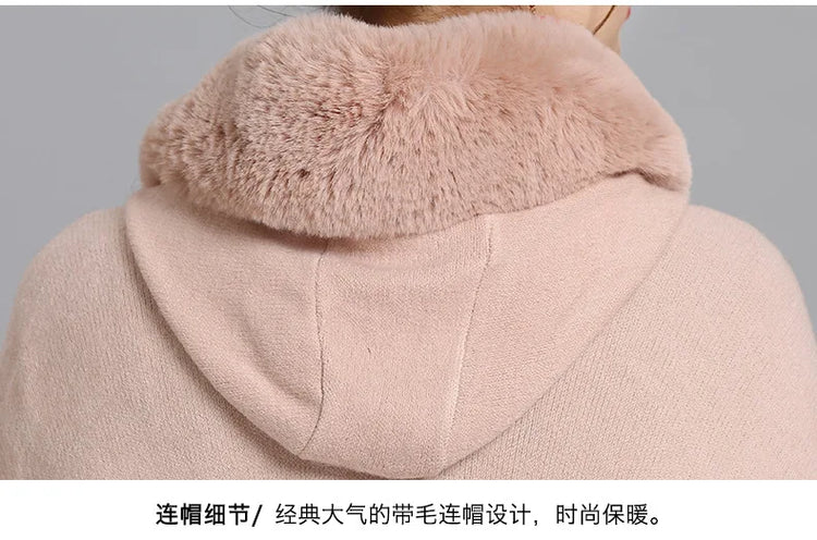7 Colors Winter Shawl Warm Thick Cappa Coat Two Circle Faux Fox Fur Loose Poncho Cloak With Hat Women Big Pendulum Cardigan Cape