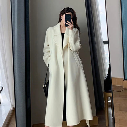 White Woolen Coat Women Autumn And Winter High-End Fashion Temperament Long Thick Blended Wool Windbreaker Female Jacket Belt 99