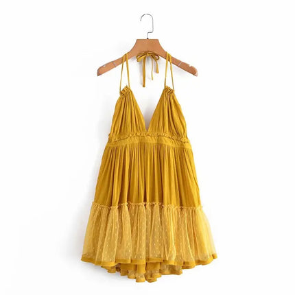 SheMujerSky Sexy Lace Patchwork Backless Mini Dress Summer V Neck Halter Dresses Women's Dress Elegant Party