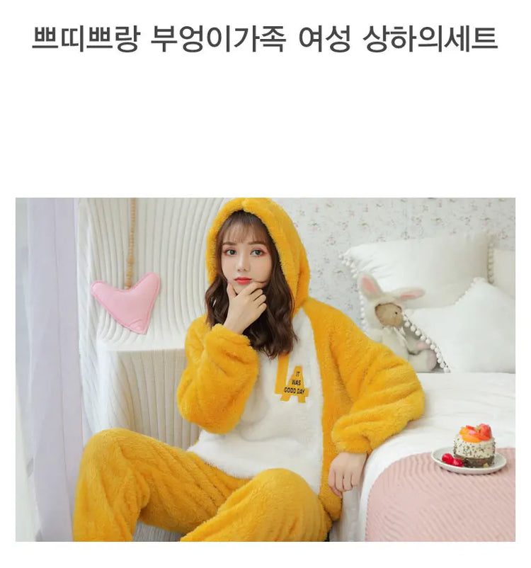 Jielur Warm Women Pajama Sets Winter Lady Long Sleeve Shirt+Pants Home suit Hooded Cartoon Print Thick Pijama Feminino