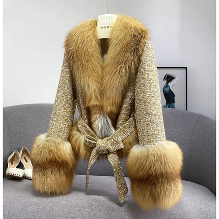 Female Winter ThickCotton Thin Short Woolen Jacket Women New Slim Imported Whole Skin Red Fox Fur Collar Imitation Fur Coat A863