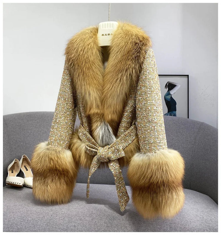 Female Winter ThickCotton Thin Short Woolen Jacket Women New Slim Imported Whole Skin Red Fox Fur Collar Imitation Fur Coat A863