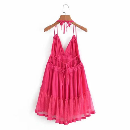 SheMujerSky Sexy Lace Patchwork Backless Mini Dress Summer V Neck Halter Dresses Women's Dress Elegant Party