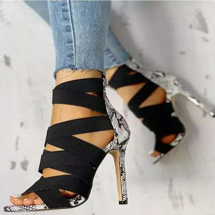 Décolleté Scarpe sexy da festa Scarpe da ballo Scarpe estive con serpente Décolleté da donna Tacchi alti e sottili Gladiatore con strass a punta
