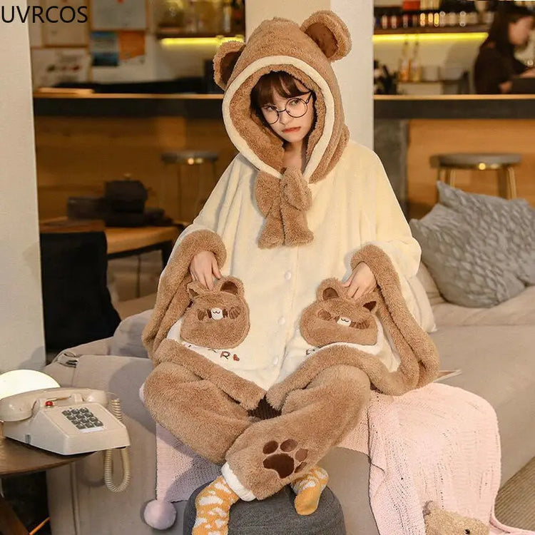 Japan Cute Lolita Pajamas Sets Girls Sweet Bear Ear Hooded Coral Fleece Cloak Sleepwear Women Winter Kawaii Home Clothes Pyjamas