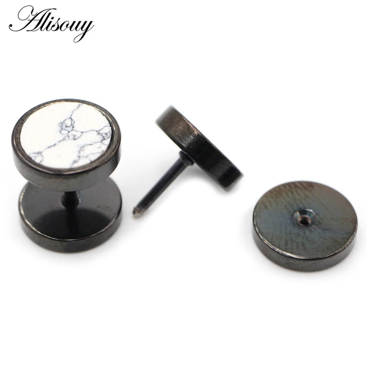 Alisouy 2 pz Acciaio Inossidabile Double Sided Rotondo Pietra Manubri Uomo Donna Vite Stud Bilanciere Orecchini Penetranti Spina per L'orecchio Finto platinumshop