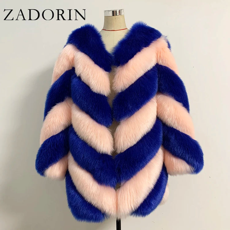 ZADORIN Korean Fashion Winter Faux Fox Fur Coat Women Luxury Color Contrast Long Thick Warm Fluffy Jacket Fake Fur Coats Jackets
