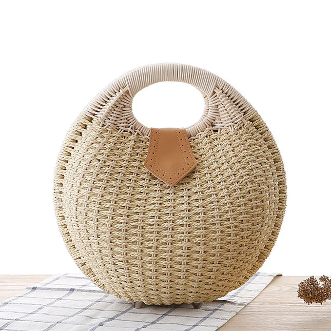 Women's Handmade Round Woven Natural Rattan Handbag Shoulder Bag Summer Beach Bag with Casual Bohemia Women's Clutch