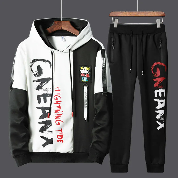 Men Tracksuit Sweat Suits Mens Patchwork 2 Piece Hoodie+Pants Set Hip Sweatpants Hop Fashion Streetwear Sports Clothing Set 4XL
