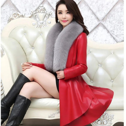 PU Leather Long Leather Jacket Women's Fur Collar Removable Coat Faux Leather Slim Female Temperament Leather Windbreaker Black