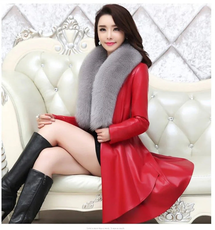 PU Leather Long Leather Jacket Women's Fur Collar Removable Coat Faux Leather Slim Female Temperament Leather Windbreaker Black