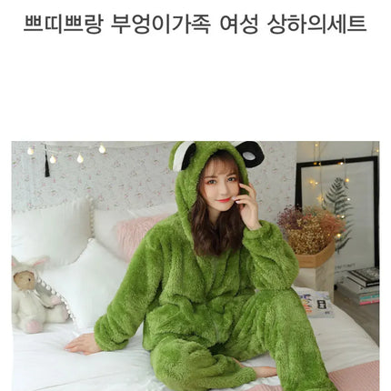 Jielur Warm Women Pajama Sets Winter Lady Long Sleeve Shirt+Pants Home suit Hooded Cartoon Print Thick Pijama Feminino