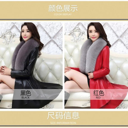 PU Leather Long Leather Jacket Women's Fur Collar Removable Coat Faux Leather Slim Female Temperament Leather Windbreaker Black