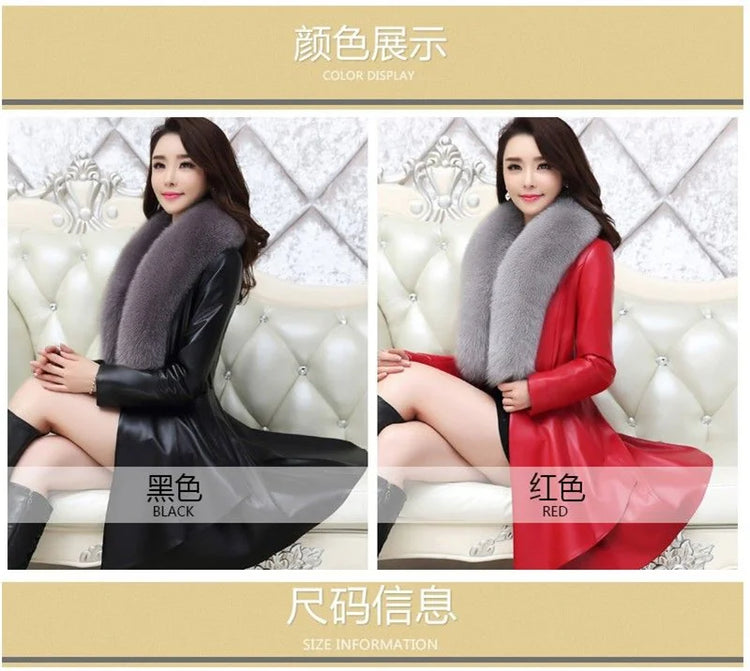 PU Leather Long Leather Jacket Women's Fur Collar Removable Coat Faux Leather Slim Female Temperament Leather Windbreaker Black