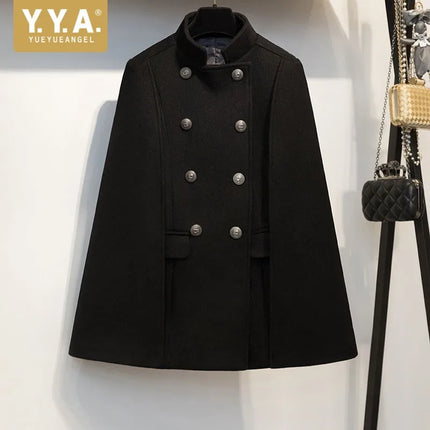 New Winter Women Double Breasted Cape Woolen Blends Elegant Ladies Coat Stand Collar Cloak Outwear Coats Vintage Overcoat