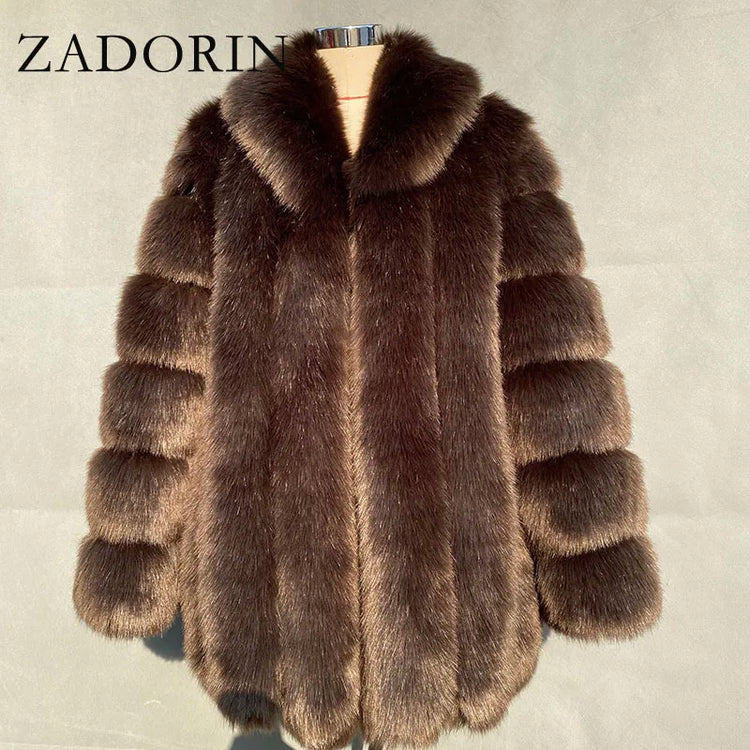 ZADORIN Elegant Turn Down Collar Faux Fox Fur Coat Women Long Thick Warm Fluffy Faux Fur Jacket Winter Fur Coats Manteau Femme