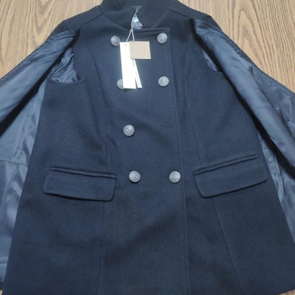 New Winter Women Double Breasted Cape Woolen Blends Elegant Ladies Coat Stand Collar Cloak Outwear Coats Vintage Overcoat