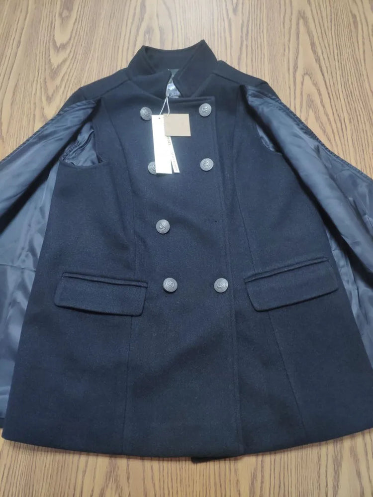 New Winter Women Double Breasted Cape Woolen Blends Elegant Ladies Coat Stand Collar Cloak Outwear Coats Vintage Overcoat