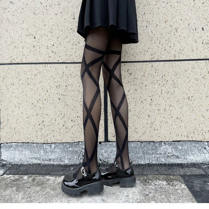 Collant Sexy da Donna Sottili in Jacquard a Rombi, Collant Gotici JK con Finte Cinghie Incrociate, Leggings
