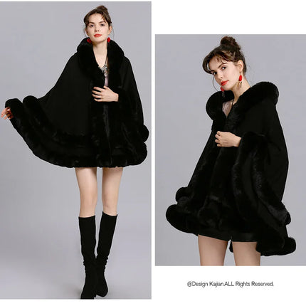 7 Colors Winter Shawl Warm Thick Cappa Coat Two Circle Faux Fox Fur Loose Poncho Cloak With Hat Women Big Pendulum Cardigan Cape